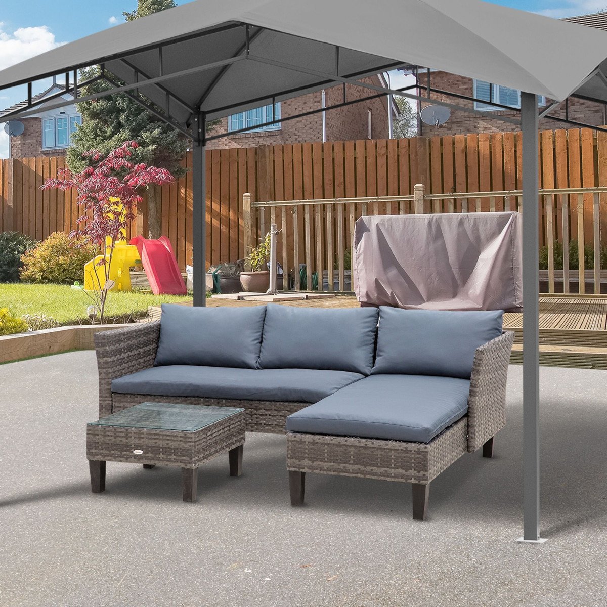 3 Piece Wicker Patio Furniture Set Outdoor Sofa Set with Glass Tabletop, Cushions Metal Frame for Balcony, Patio, Grey