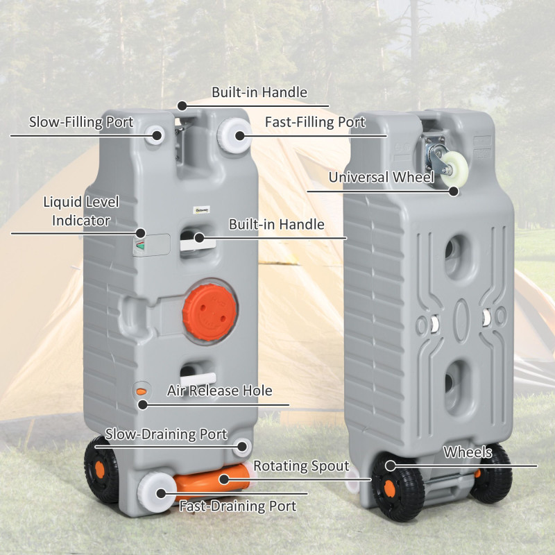 19.8 Gallon Portable RV Water Tank, Waste Water Storage Tank, with Rotating Drain Spout, Level Indicator and 3 Wheels
