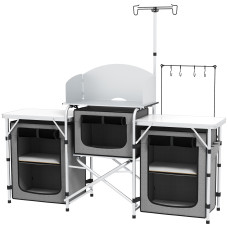 Aluminum Camping Kitchen, Portable Folding Camping Table with Fabric Cupboards, Windshield, Bag for BBQ, Picnic, Grey