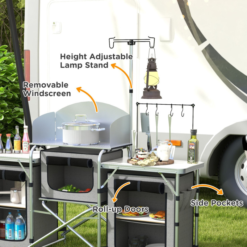 Aluminum Camping Kitchen, Portable Folding Camping Table with Fabric Cupboards, Windshield, Bag for BBQ, Picnic, Grey