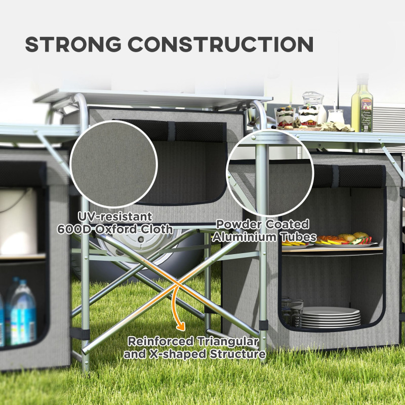 Aluminum Camping Kitchen, Portable Folding Camping Table with Fabric Cupboards, Windshield, Bag for BBQ, Picnic, Grey