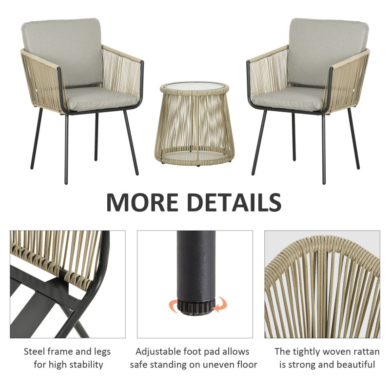3 Piece Outdoor Patio Bistro Set, Wicker Rattan Furniture with Metal Legs for Garden, Backyard, Coffee and Light Grey