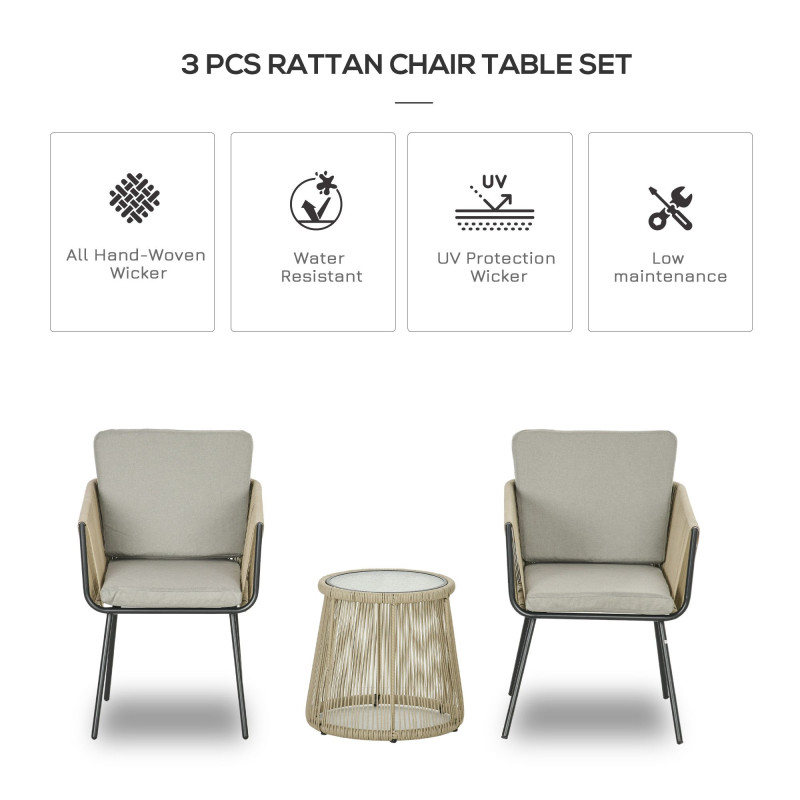 3 Piece Outdoor Patio Bistro Set, Wicker Rattan Furniture with Metal Legs for Garden, Backyard, Coffee and Light Grey