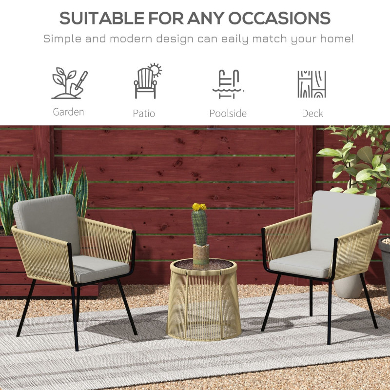 3 Piece Outdoor Patio Bistro Set, Wicker Rattan Furniture with Metal Legs for Garden, Backyard, Coffee and Light Grey