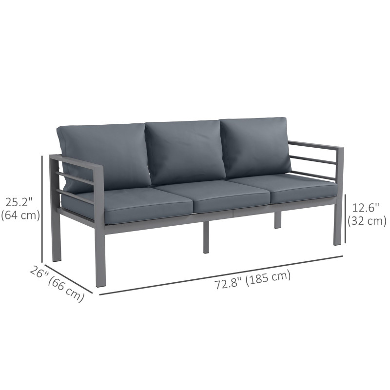 Aluminum Garden Sofa, 3-Person Outdoor Couch, Backyard Furniture for 3-person with Cushions, 72.8