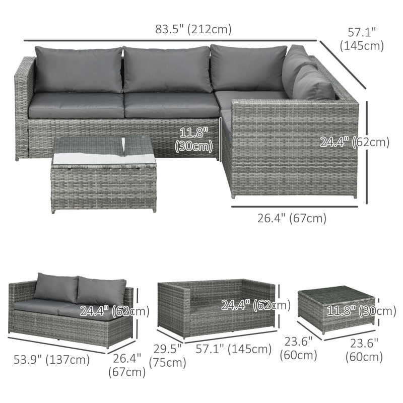 3 Pieces Rattan Wicker Outdoor Conversation Furniture Set w/ Loveseats Coffee Table Cushions for Garden, Patio, Grey