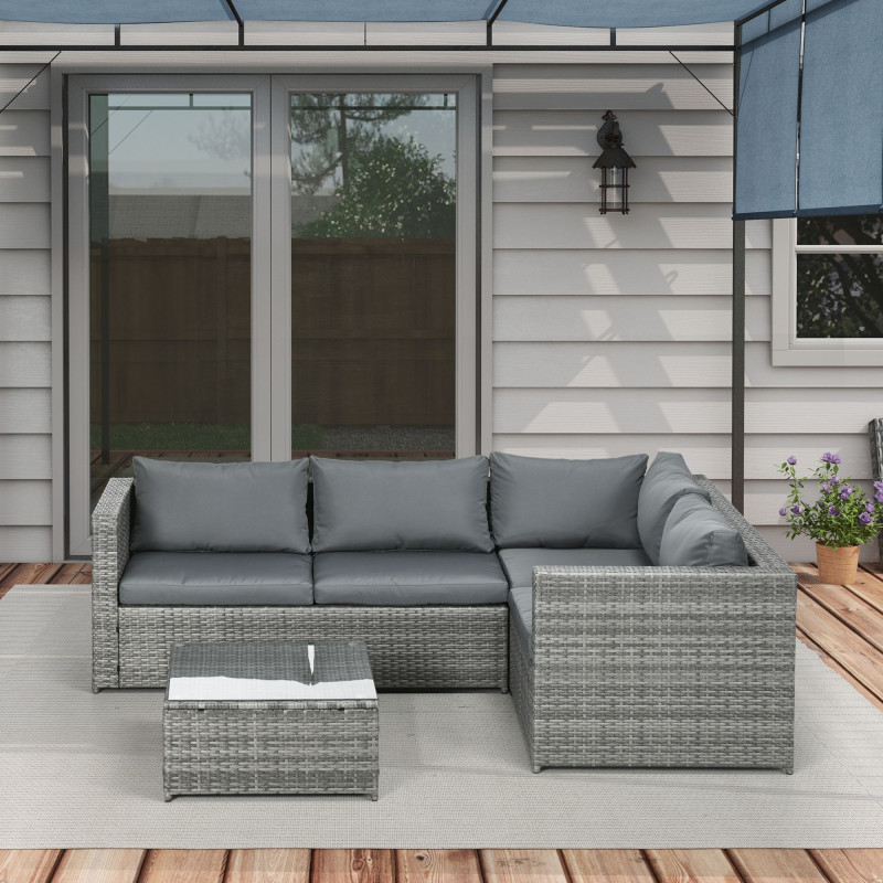 3 Pieces Rattan Wicker Outdoor Conversation Furniture Set w/ Loveseats Coffee Table Cushions for Garden, Patio, Grey