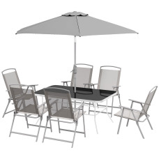8 Piece Patio Set with Umbrella, 6 Folding Chairs, Rectangle Table, Outdoor Dining Set for 6 with Mesh Seat, Grey