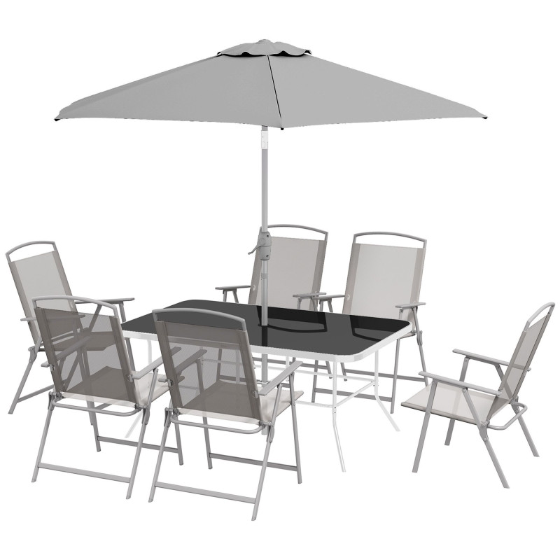 8 Piece Patio Set with Umbrella, 6 Folding Chairs, Rectangle Table, Outdoor Dining Set for 6 with Mesh Seat, Grey