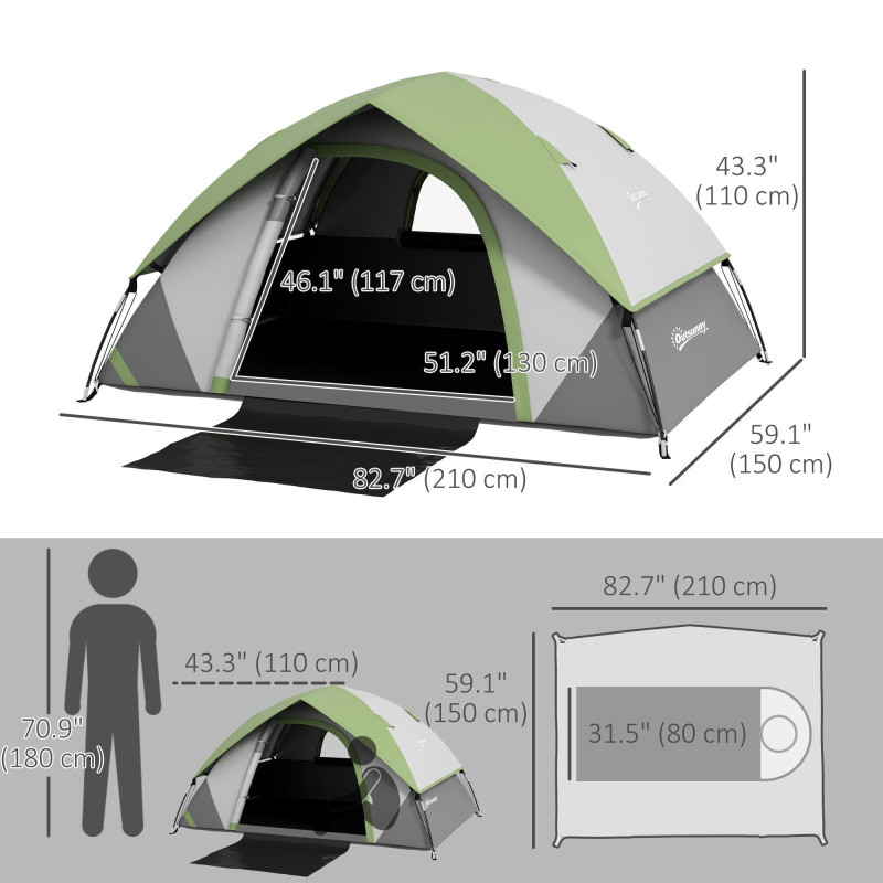 3000mm Waterproof Camping Tent for 2 Man, with Sewn-in Groundsheet and Carry Bag, Grey and Green