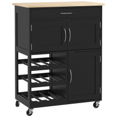 Rolling Kitchen Cart, Kitchen Island with Storage Drawer, 9-bottle Wine Rack, Door Cabinets, Wooden Countertop, Black