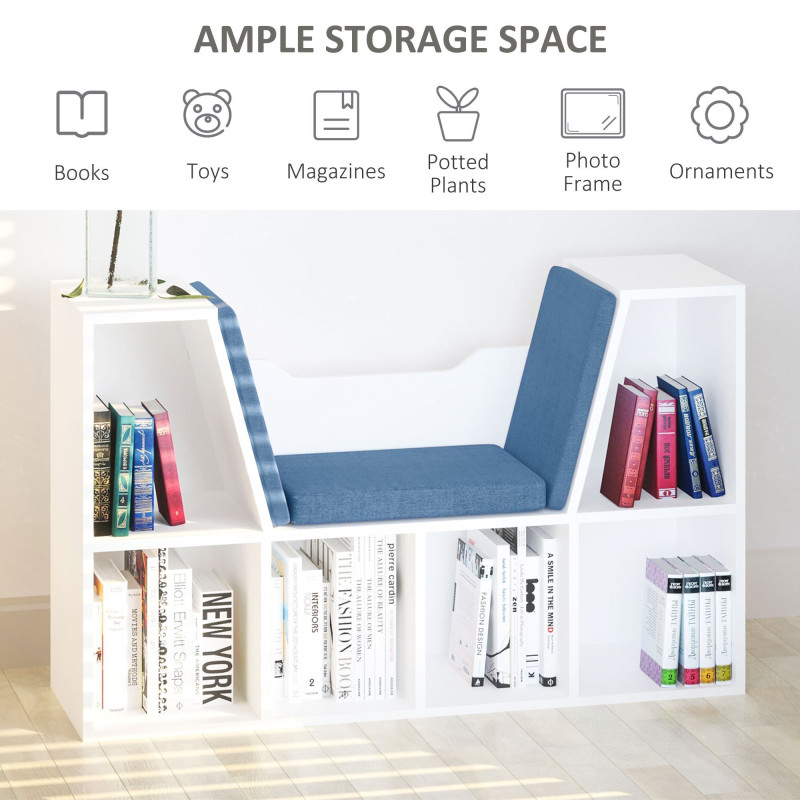 6-Cubby Bookcase with Seat Cushion, Cube Storage Shelf with Reading Nook for Home Office, Study, Blue