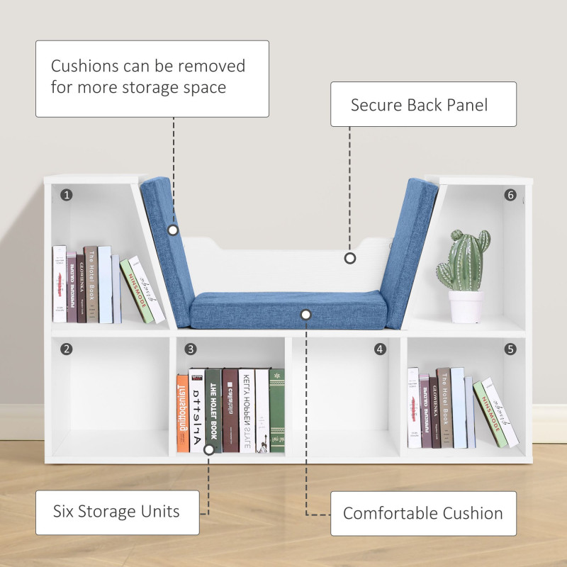 6-Cubby Bookcase with Seat Cushion, Cube Storage Shelf with Reading Nook for Home Office, Study, Blue