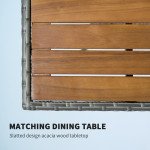 5 Piece Rattan Patio Dining Set with Umbrella Hole, Cushions, Outdoor Patio Table and Chairs for Garden Backyard, Teak