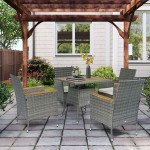 5 Piece Rattan Patio Dining Set with Umbrella Hole, Cushions, Outdoor Patio Table and Chairs for Garden Backyard, Teak