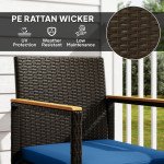 3 Pieces Wicker Patio Furniture Set, Rattan Bistro Set w/ Acacia Wood Table & Removable Cushions, Dark Blue