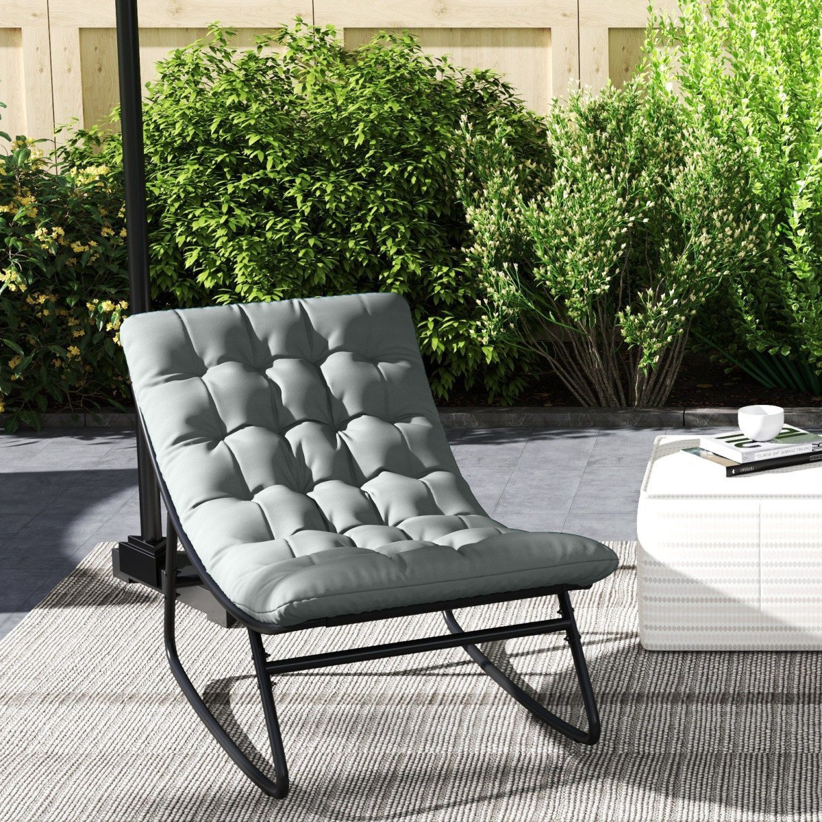 Outdoor Patio Rocking Chair with Cushion, Steel Frame Balcony Chair with Mesh Deep Seat for Porch, Garden, Grey