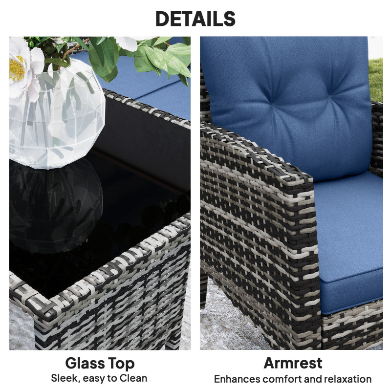 6 Piece Patio Furniture Set with Patio Chairs, Ottomans, Sofa, Glass Top Table and Cushions, Wicker Rattan Outdoor Furniture Set for Backyard, Porch, Navy Blue