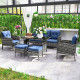 6 Piece Patio Furniture Set with Patio Chairs, Ottomans, Sofa, Glass Top Table and Cushions, Wicker Rattan Outdoor Furniture Set for Backyard, Porch, Navy Blue