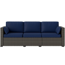 3-Seater Outdoor Sofa with Cushions, PE Rattan Conversation Patio Couch with Pillows for Garden, Poolside, Blue/Brown