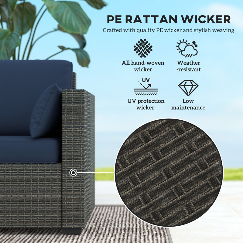 3-Seater Outdoor Sofa with Cushions, PE Rattan Conversation Patio Couch with Pillows for Garden, Poolside, Blue/Brown