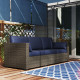 3-Seater Outdoor Sofa with Cushions, PE Rattan Conversation Patio Couch with Pillows for Garden, Poolside, Blue/Brown