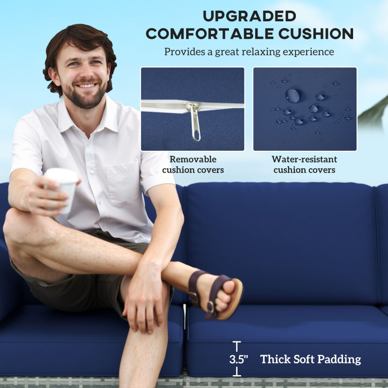 3-Seater Outdoor Sofa with Cushions, PE Rattan Conversation Patio Couch with Pillows for Garden, Poolside, Dark Blue