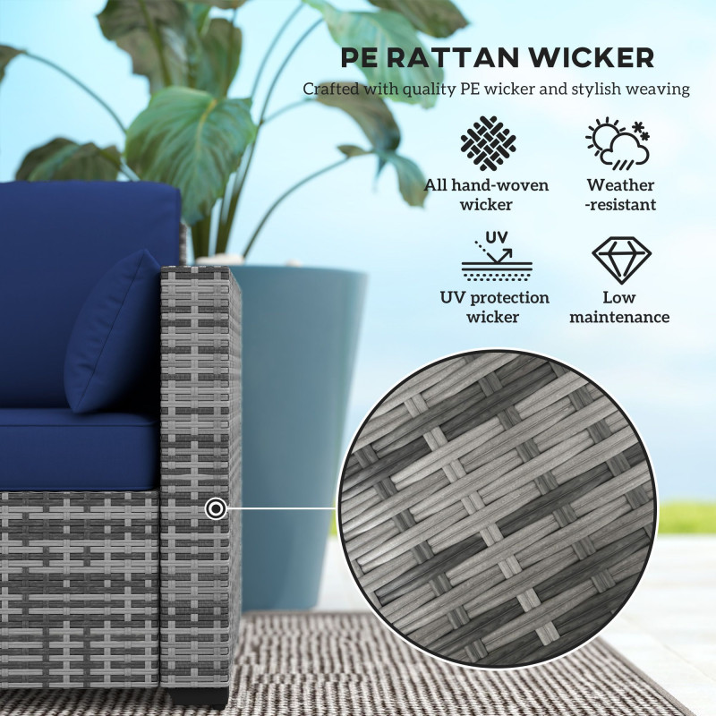 3-Seater Outdoor Sofa with Cushions, PE Rattan Conversation Patio Couch with Pillows for Garden, Poolside, Dark Blue