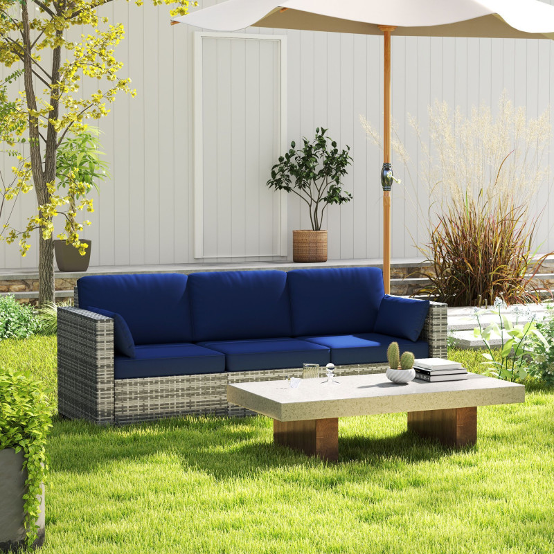 3-Seater Outdoor Sofa with Cushions, PE Rattan Conversation Patio Couch with Pillows for Garden, Poolside, Dark Blue