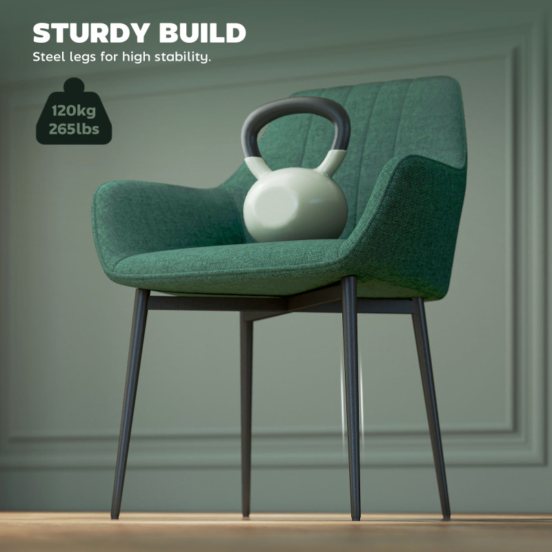 Dining Chairs Set of 2, Upholstered Linen Fabric Accent Chairs with Metal Legs, Dark Green