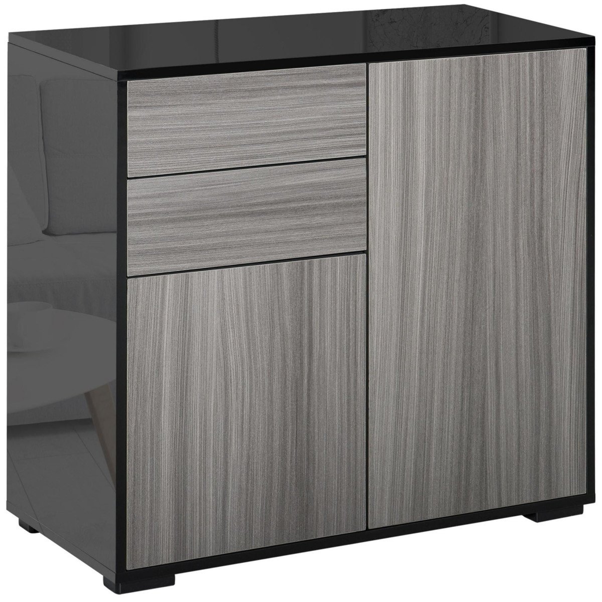 High Gloss Buffet Sideboard with 2 Drawers, 2 Doors and Adjustable Shelf, Kitchen Storage Cabinet with Push Open Design, Grey and Black