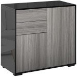 High Gloss Buffet Sideboard with 2 Drawers, 2 Doors and Adjustable Shelf, Kitchen Storage Cabinet with Push Open Design, Grey and Black