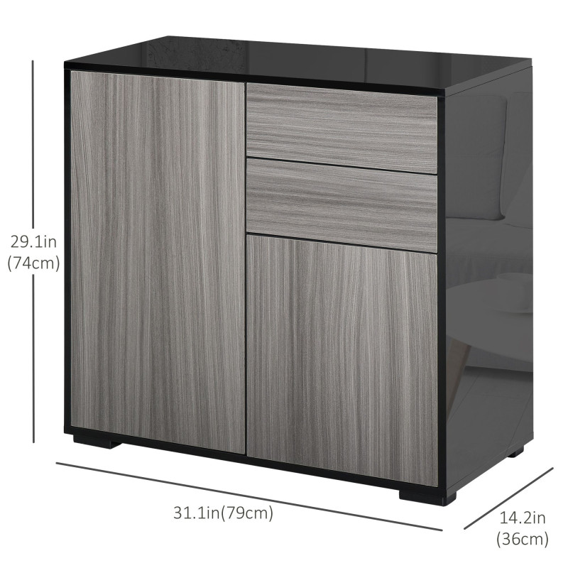 High Gloss Buffet Sideboard with 2 Drawers, 2 Doors and Adjustable Shelf, Kitchen Storage Cabinet with Push Open Design, Grey and Black
