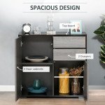 High Gloss Buffet Sideboard with 2 Drawers, 2 Doors and Adjustable Shelf, Kitchen Storage Cabinet with Push Open Design, Grey and Black