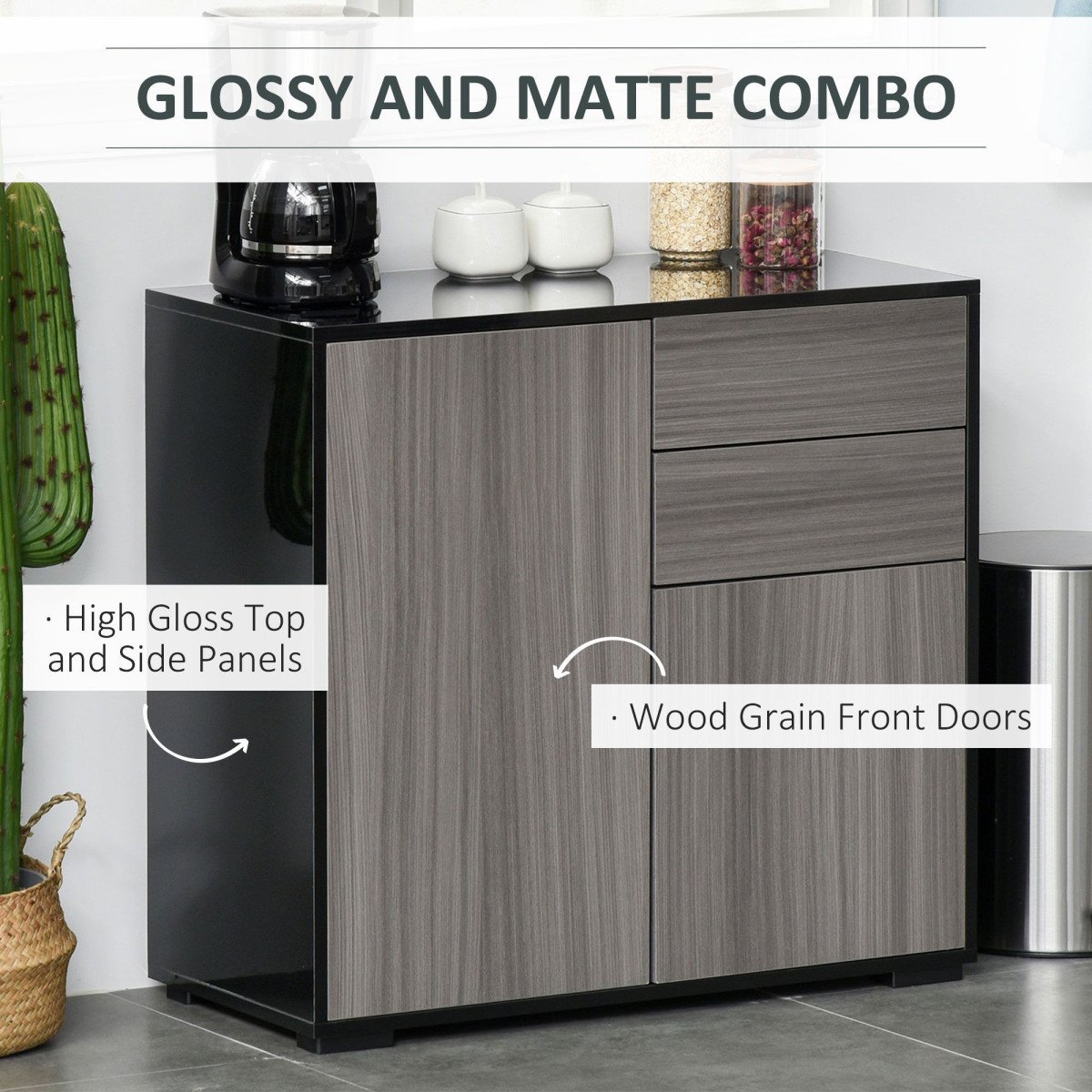 High Gloss Buffet Sideboard with 2 Drawers, 2 Doors and Adjustable Shelf, Kitchen Storage Cabinet with Push Open Design, Grey and Black