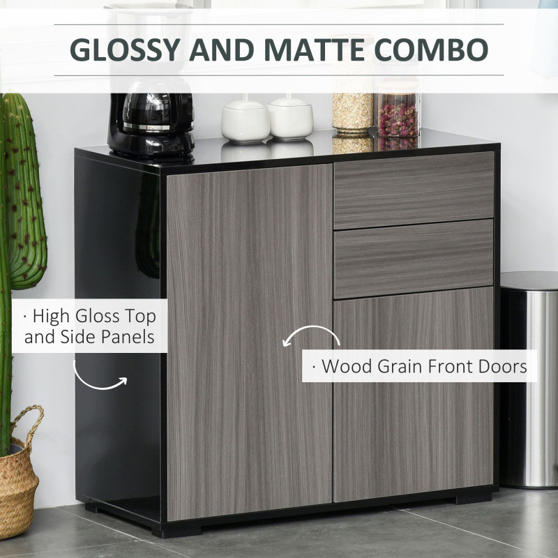 High Gloss Buffet Sideboard with 2 Drawers, 2 Doors and Adjustable Shelf, Kitchen Storage Cabinet with Push Open Design, Grey and Black