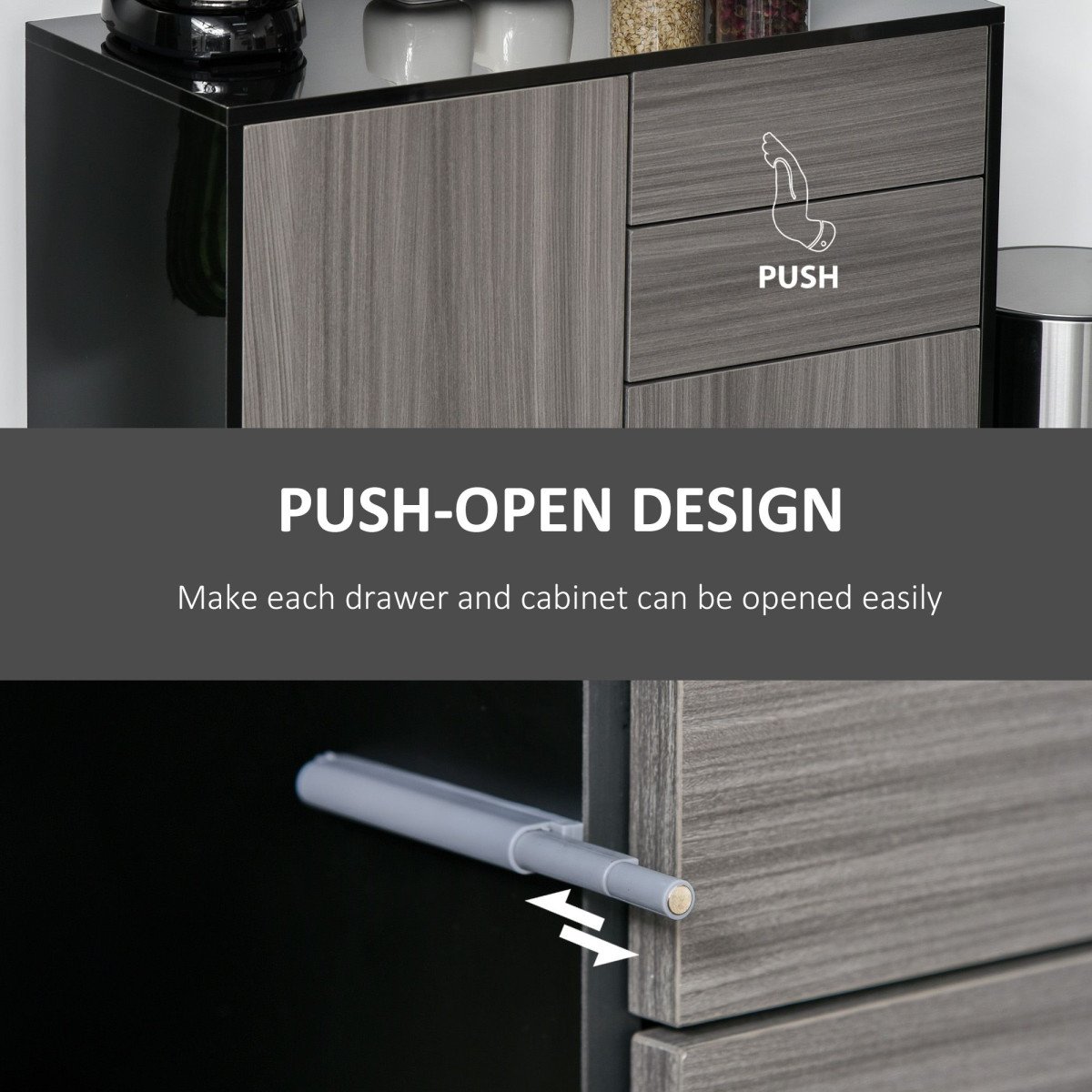 High Gloss Buffet Sideboard with 2 Drawers, 2 Doors and Adjustable Shelf, Kitchen Storage Cabinet with Push Open Design, Grey and Black