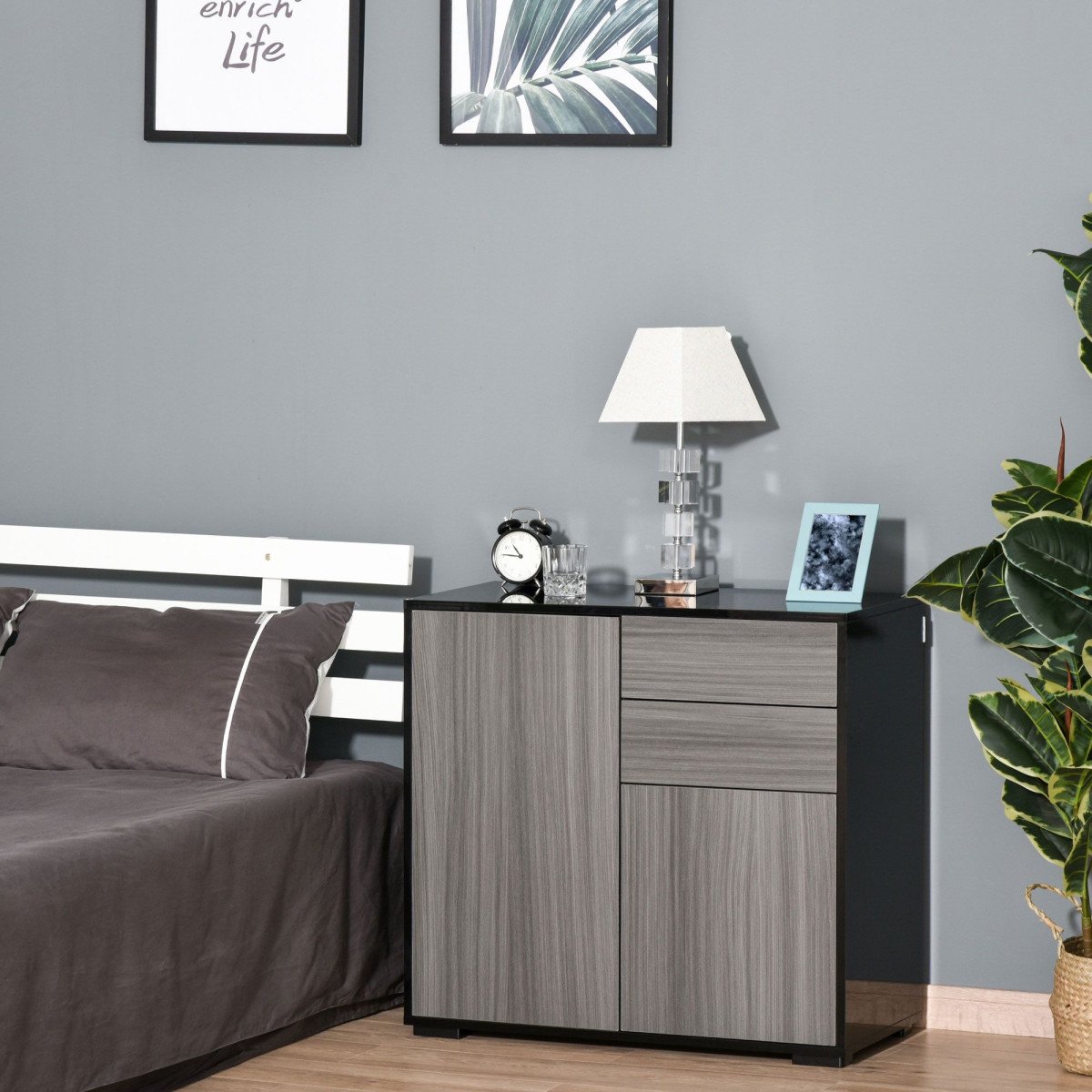 High Gloss Buffet Sideboard with 2 Drawers, 2 Doors and Adjustable Shelf, Kitchen Storage Cabinet with Push Open Design, Grey and Black