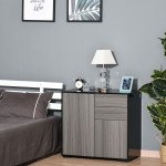High Gloss Buffet Sideboard with 2 Drawers, 2 Doors and Adjustable Shelf, Kitchen Storage Cabinet with Push Open Design, Grey and Black