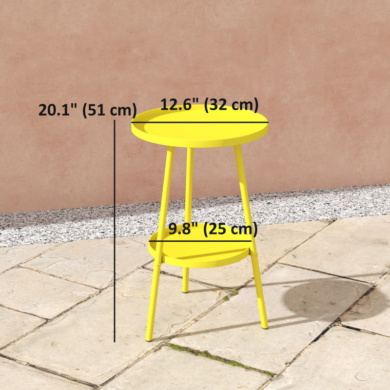 Round Garden Table, 2-Tier Small Side Table, Metal Patio Table Coffee Table Dining Table, Yellow