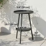 Round Garden Table, 2-Tier Small Side Table, Metal Patio Table Coffee Table Dining Table, Black