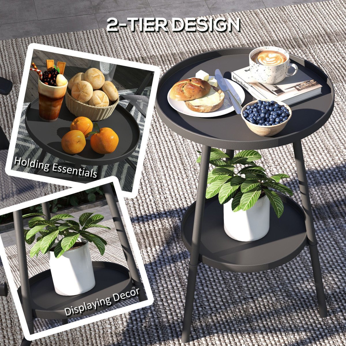 Round Garden Table, 2-Tier Small Side Table, Metal Patio Table Coffee Table Dining Table, Black