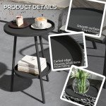 Round Garden Table, 2-Tier Small Side Table, Metal Patio Table Coffee Table Dining Table, Black