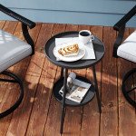 Round Garden Table, 2-Tier Small Side Table, Metal Patio Table Coffee Table Dining Table, Black
