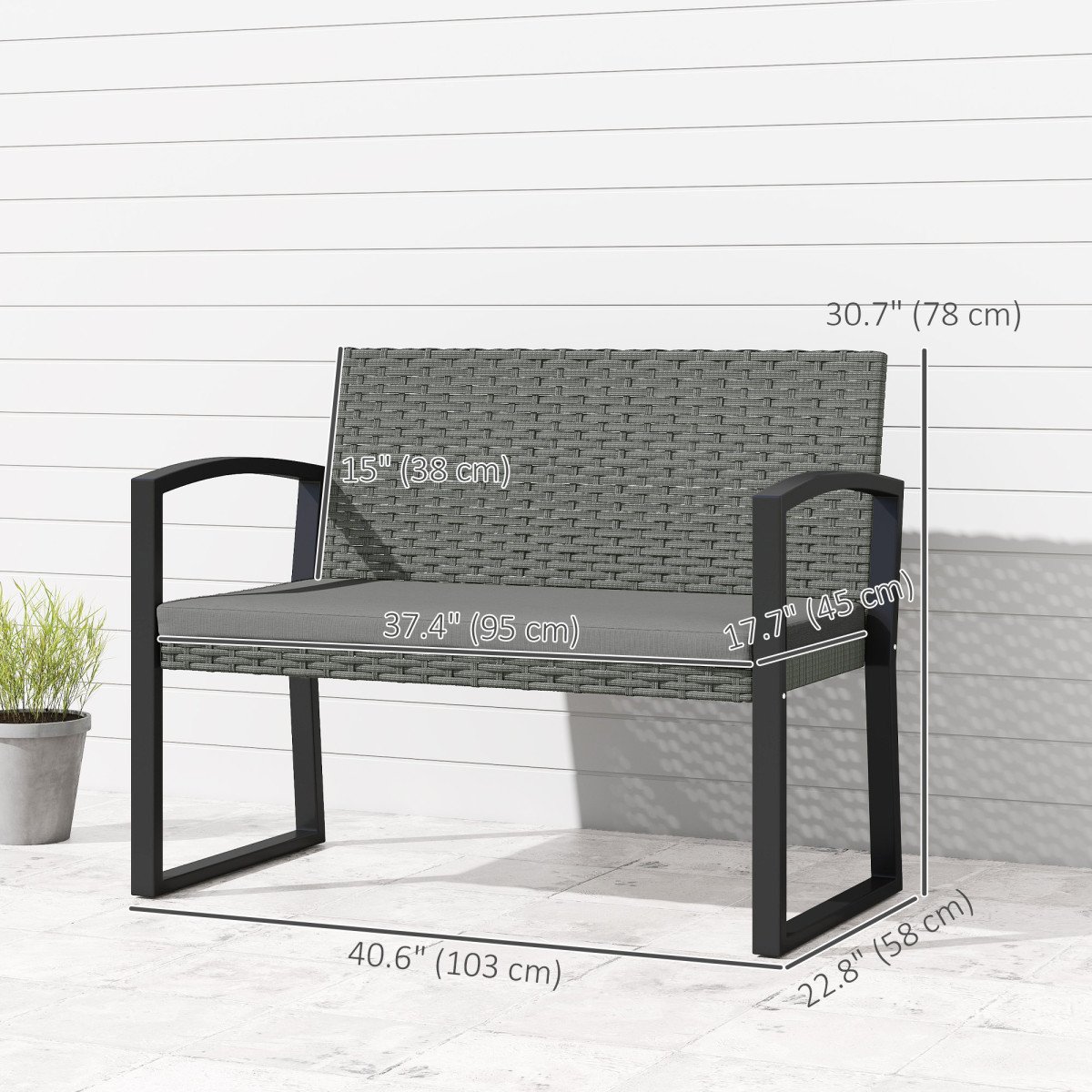 2 Seater Outdoor Bench, Rattan Garden Bench Loveseat with Cushion, Armrests, Steel Frame for Patio, Porch, Light Grey
