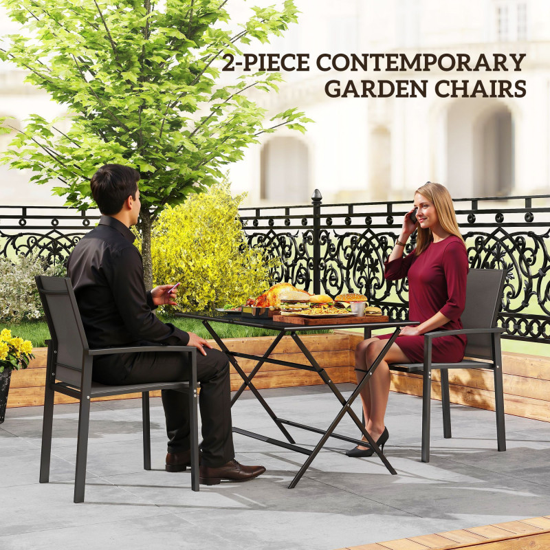 Set of 2 Outdoor Garden Chairs, Stackable Patio Dining Chairs with Breathable Fabric, Armrests and Backrest, Dark Grey