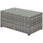 Wicker Outdoor Coffee Table, PE Wicker Rectangular Patio Table with Tempered Glass Top for Garden, Balcony, Light Grey