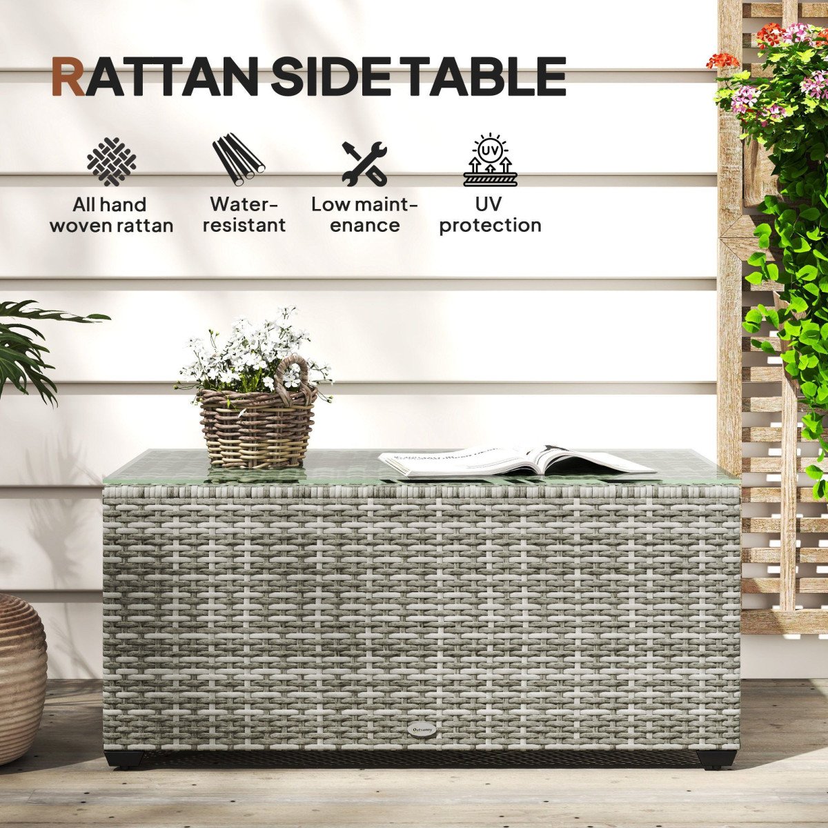 Wicker Outdoor Coffee Table, PE Wicker Rectangular Patio Table with Tempered Glass Top for Garden, Balcony, Light Grey
