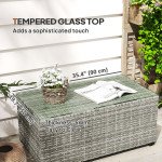 Wicker Outdoor Coffee Table, PE Wicker Rectangular Patio Table with Tempered Glass Top for Garden, Balcony, Light Grey