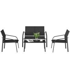 4 Piece Patio Furniture Set, Outdoor Conversation Set with Deep Seat, Loveseats, Armchairs, Glass-Top Table, Black